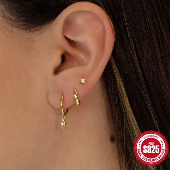 925 Sterling Silver Gold Mini Hoop Earrings with CZ Charm (Single Piece) - Picture 4 of 6